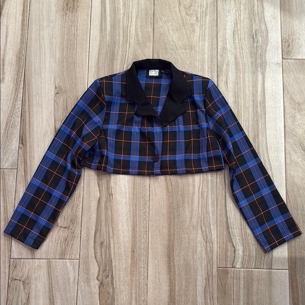 Reclaimed Vintage Blue and Black Blazer Plaid Cropped Suit Jacket sz 8